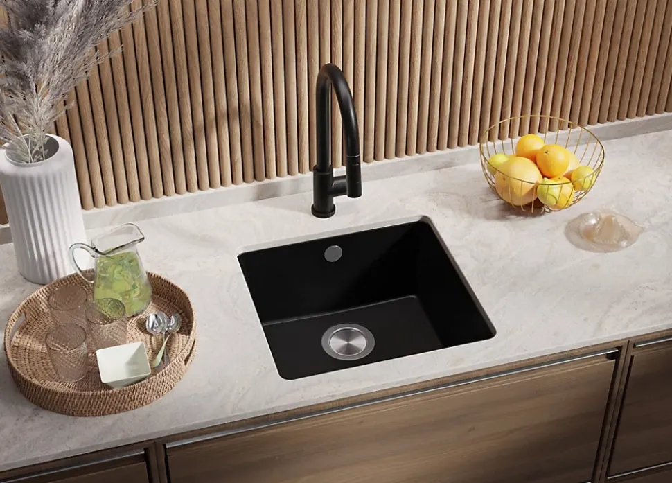 PRIMAGRAN Evier Sous Plan Tout Noir 46x44cm, Evier en Granit 1 bac + Kit de Vidage, Évier au meuble 50cm - Venise Easy