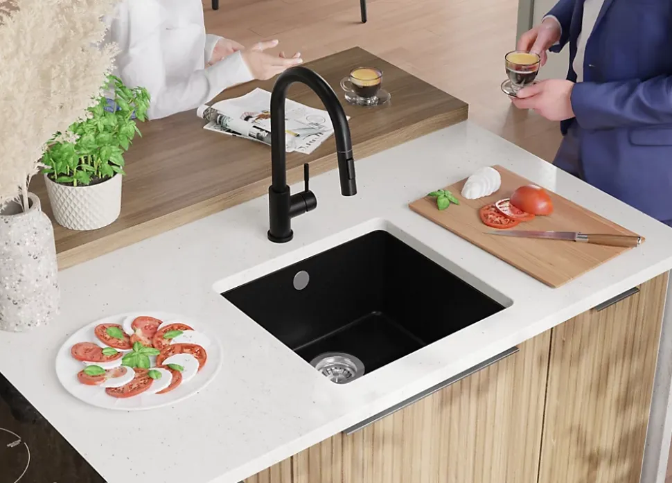 PRIMAGRAN Evier Sous Plan Tout Noir 46x44cm, Evier en Granit 1 bac + Kit de Vidage, Évier au meuble 50cm - Venise Easy