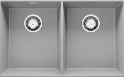 PRIMAGRAN Evier Sous Plan Gris 76x47cm, Evier en Granit 2 bacs + Kit de Vidage, Évier au meuble 80cm - London Twin