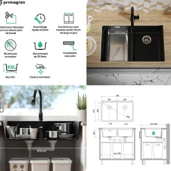 PRIMAGRAN Evier Sous Plan Gris 76x47cm, Evier en Granit 2 bacs + Kit de Vidage, Évier au meuble 80cm - London Twin