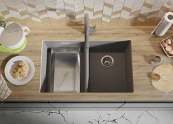 PRIMAGRAN Evier Sous Plan Gris 76x47cm, Evier en Granit 2 bacs + Kit de Vidage, Évier au meuble 80cm - London Twin