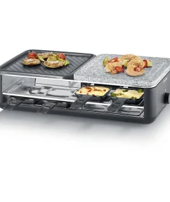 Raclette Gril - SEVERIN - RG2366 - 8 pers. - Pierre Naturelle et Plaque de Cuisson Réversible - 8 poelons - Noir