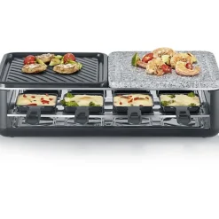 Raclette Gril - SEVERIN - RG2366 - 8 pers. - Pierre Naturelle et Plaque de Cuisson Réversible - 8 poelons - Noir