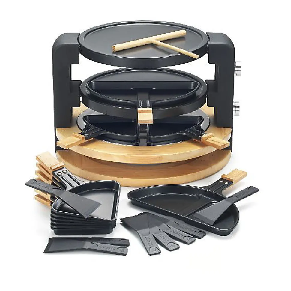 RACLETTE GRIL 8P + 2 GRANDS POELONS 1500W BOIS RANGE POELONS KITCHENCHEF - KCWOOD8SUPER