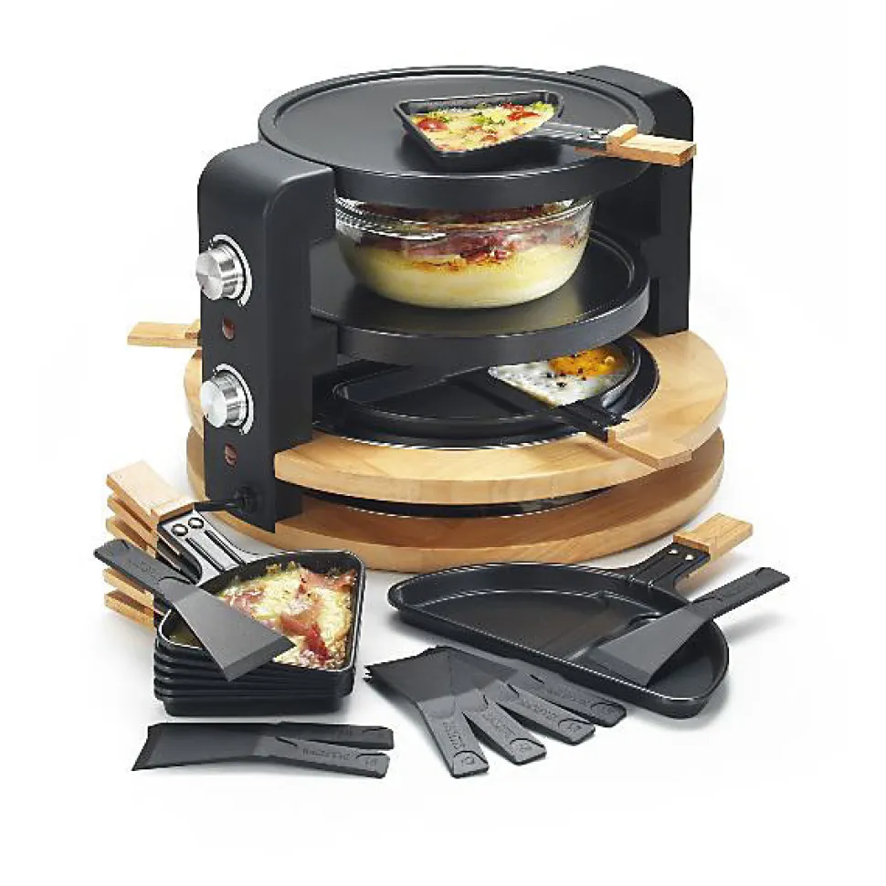 RACLETTE GRIL 8P + 2 GRANDS POELONS 1500W BOIS RANGE POELONS KITCHENCHEF - KCWOOD8SUPER