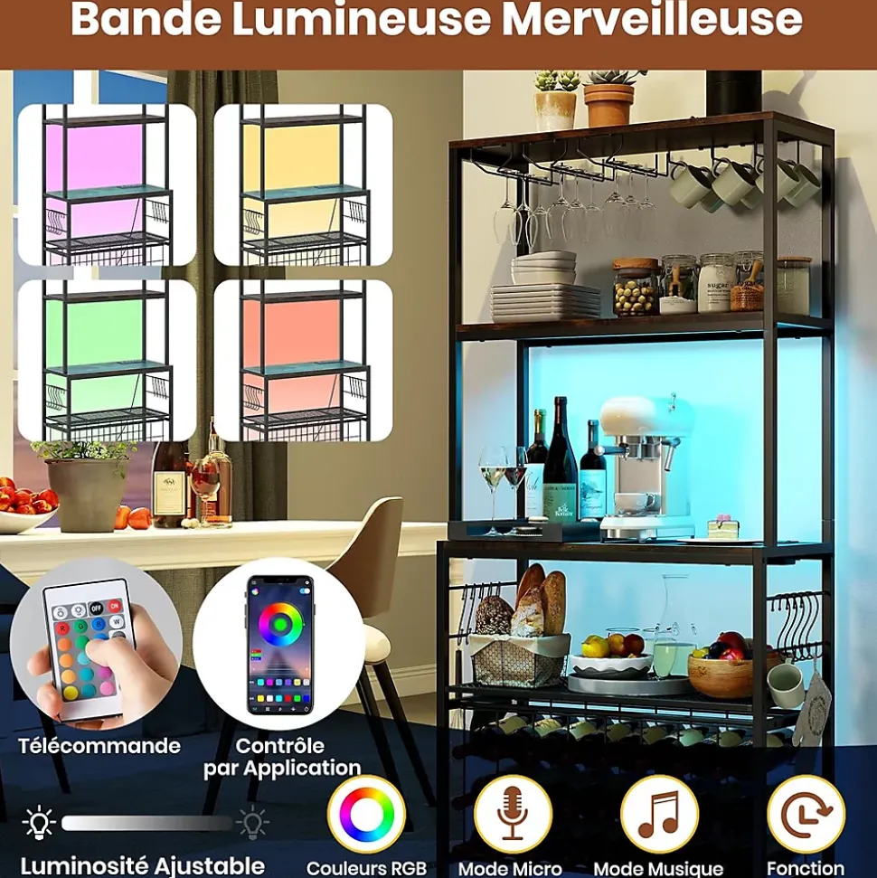 Range Bouteille 75x33x165 CM avec Multiprise USB-C/A, Rangement Casier à Vin, Cuisine, Salon, Bar, Charge 70 KG