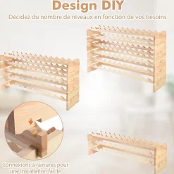 Range Bouteilles en Pin Massif 72 Compartiments sur 6 Niveaux 119 x 29 x 71.5CM Bois Naturel