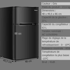 Refrigerateur 90 L Combine Refrigerateur 63L avec Temperature Reglable Congelateur 27L