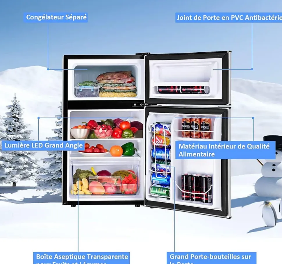 Refrigerateur 90 L Combine Refrigerateur 63L avec Temperature Reglable Congelateur 27L