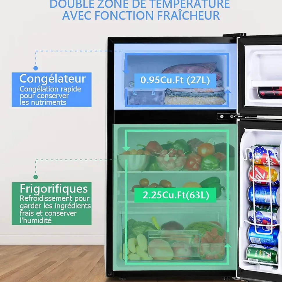 Refrigerateur 90 L Combine Refrigerateur 63L avec Temperature Reglable Congelateur 27L