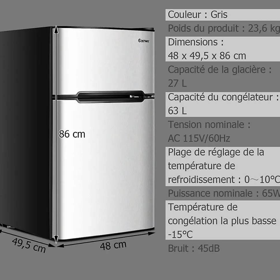 Refrigerateur 90 L Combine Refrigerateur 63L avec Temperature Reglable Congelateur 27L