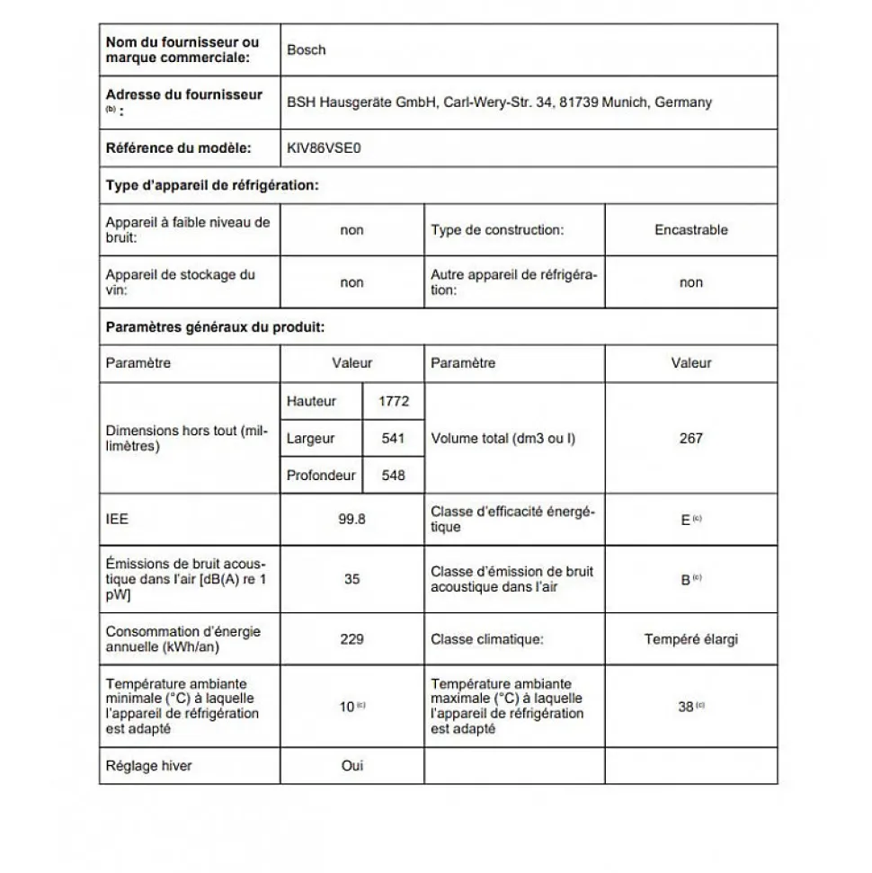 Réfrigérateur combiné intégrable à glissières 267l Bosch KIV86VSE0 serie 4