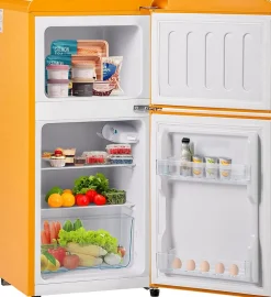 Réfrigérateur combiné 60L, double porte, congélateur 22L, classe E, -27C à 13C, jaune