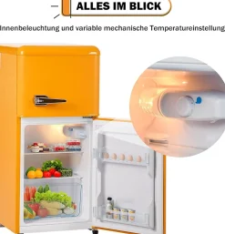 Réfrigérateur combiné 60L, double porte, congélateur 22L, classe E, -27C à 13C, jaune