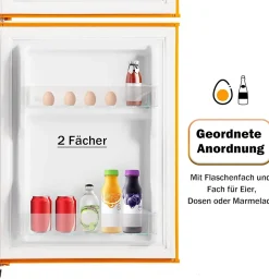 Réfrigérateur combiné 60L, double porte, congélateur 22L, classe E, -27C à 13C, jaune