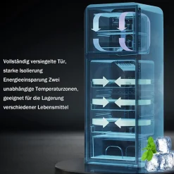 Réfrigérateur combiné 60L, double porte, congélateur 22L, classe E, -27C à 13C, jaune