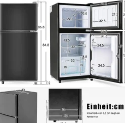 Réfrigérateur combiné 60L, double porte, congélateur 22L, classe E, 27C à 13C, noir