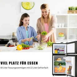 Réfrigérateur combiné 60L, double porte, congélateur 22L, classe E, 27C à 13C, noir