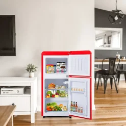 Réfrigérateur combiné 60L, double porte, congélateur 22L, classe E, -27 C à 13 C, rouge