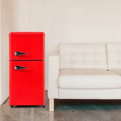 Réfrigérateur combiné 60L, double porte, congélateur 22L, classe E, -27 C à 13 C, rouge