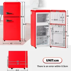 Réfrigérateur combiné 60L, double porte, congélateur 22L, classe E, -27 C à 13 C, rouge