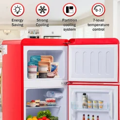 Réfrigérateur combiné 60L, double porte, congélateur 22L, classe E, -27 C à 13 C, rouge