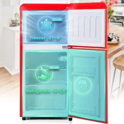 Réfrigérateur combiné 60L, double porte, congélateur 22L, classe E, -27 C à 13 C, rouge