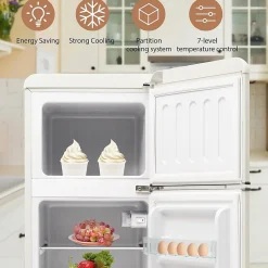 Réfrigérateur rétro combiné 92L, congélateur -27C à 13C, design vintage, blanc antique, LED