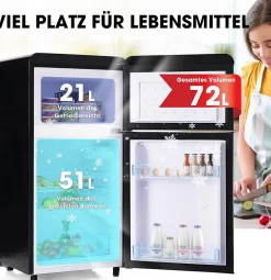 Réfrigérateur rétro 72L, double porte, congélateur 21L, LED, classe E, Noir