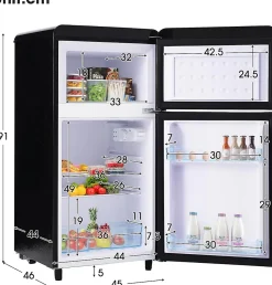 Réfrigérateur rétro 72L, double porte, congélateur 21L, LED, classe E, Noir