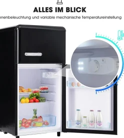 Réfrigérateur rétro 72L, double porte, congélateur 21L, LED, classe E, Noir