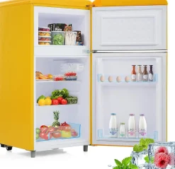 Réfrigérateur rétro 72L, double porte, congélateur 21L, LED, classe E, jaune