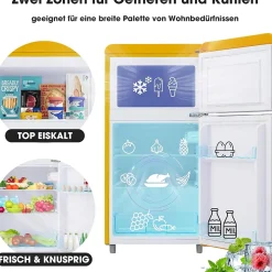 Réfrigérateur rétro 72L, double porte, congélateur 21L, LED, classe E, jaune