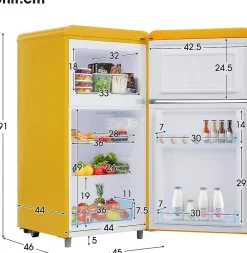 Réfrigérateur rétro 72L, double porte, congélateur 21L, LED, classe E, jaune