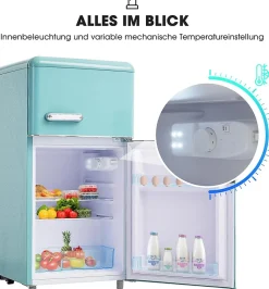 Réfrigérateur rétro 72L, double porte, congélateur 21L, LED, classe E,bleu