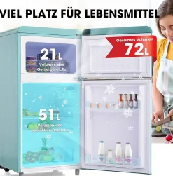 Réfrigérateur rétro 72L, double porte, congélateur 21L, LED, classe E,bleu