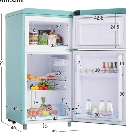 Réfrigérateur rétro 72L, double porte, congélateur 21L, LED, classe E,bleu