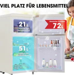 Réfrigérateur rétro 72L, double porte, congélateur 21L, LED, classe E,Blanc