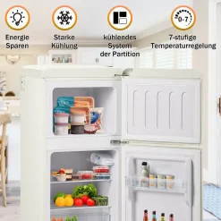 Réfrigérateur rétro. Réfrigérateur-congélateur combiné avec un volume total de 60 litres, un volume de congélateur de 22 litres