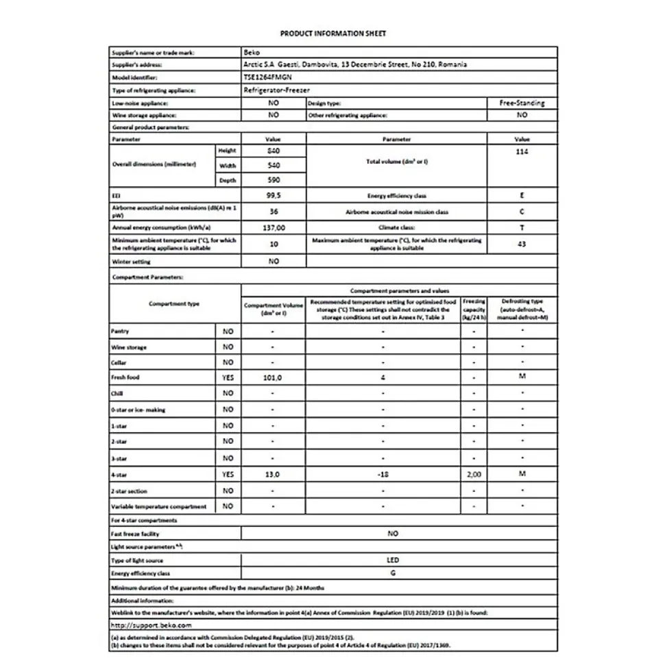 Réfrigérateur table top 114l 54.5cm Beko TSE1264FMGN