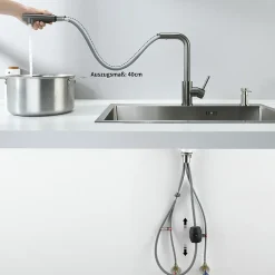 Robinet Cuisine avec Douchette Extractible, Mitigeur de Cuisine en Inox Mitigeur d'Évier avec 2 Modes de Sortie D'eau