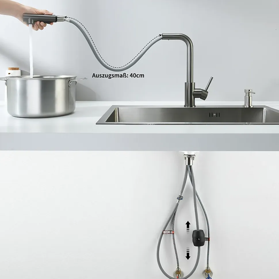 Robinet Cuisine avec Douchette Extractible, Mitigeur de Cuisine en Inox Mitigeur d'Évier avec 2 Modes de Sortie D'eau