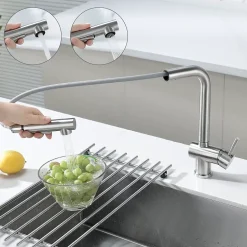 Robinet Cuisine avec Douchette Extractible, Mitigeur de Cuisine en Inox Mitigeur d'Évier avec 2 Modes de Sortie D'eau, Brossé