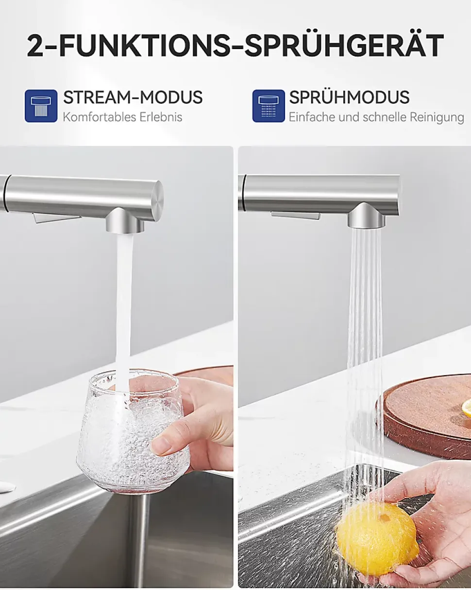 Robinet Cuisine avec Douchette Extractible, Mitigeur de Cuisine en Inox Mitigeur d'Évier avec 2 Modes de Sortie D'eau, Brossé
