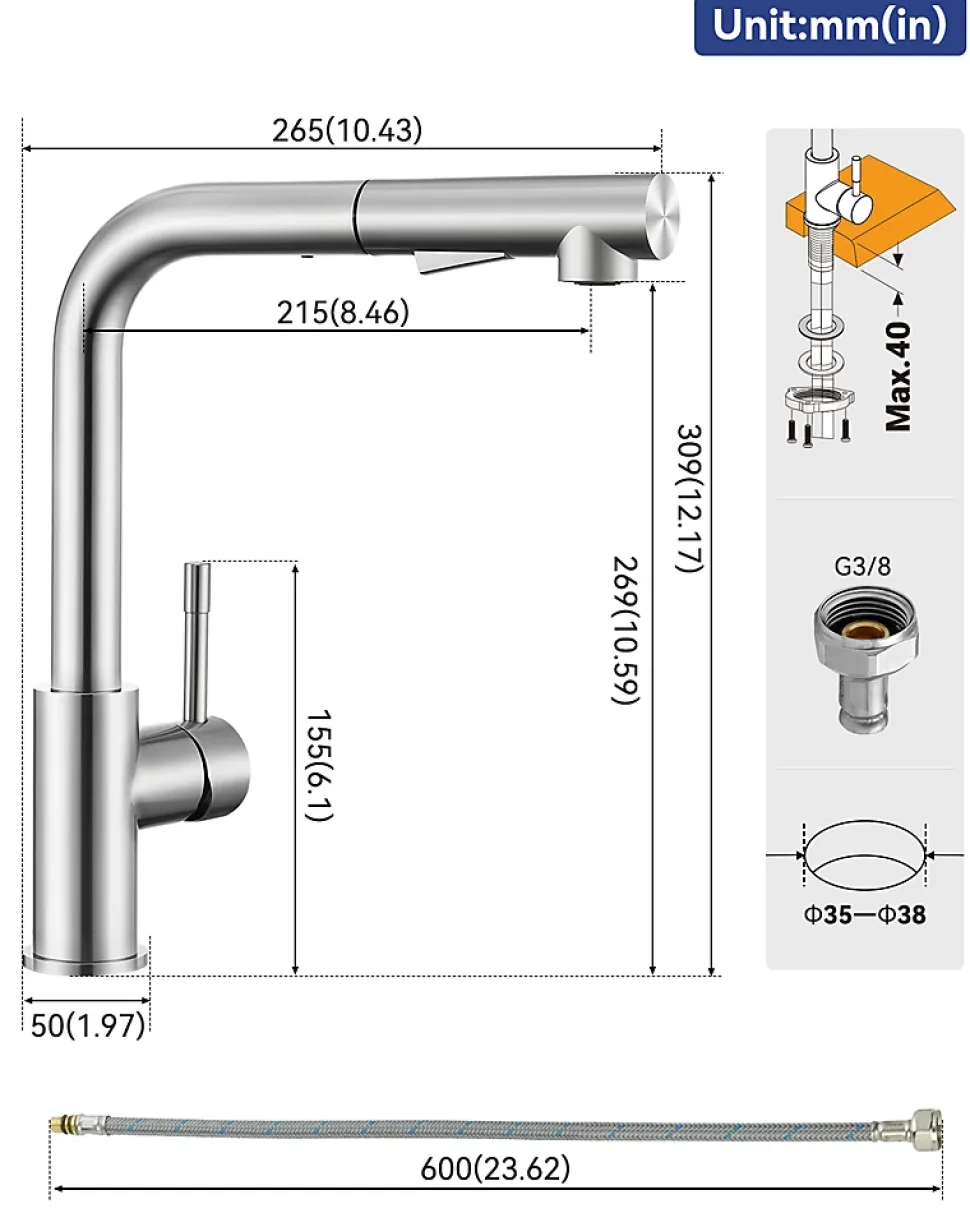 Robinet Cuisine avec Douchette Extractible, Mitigeur de Cuisine en Inox Mitigeur d'Évier avec 2 Modes de Sortie D'eau, Brossé