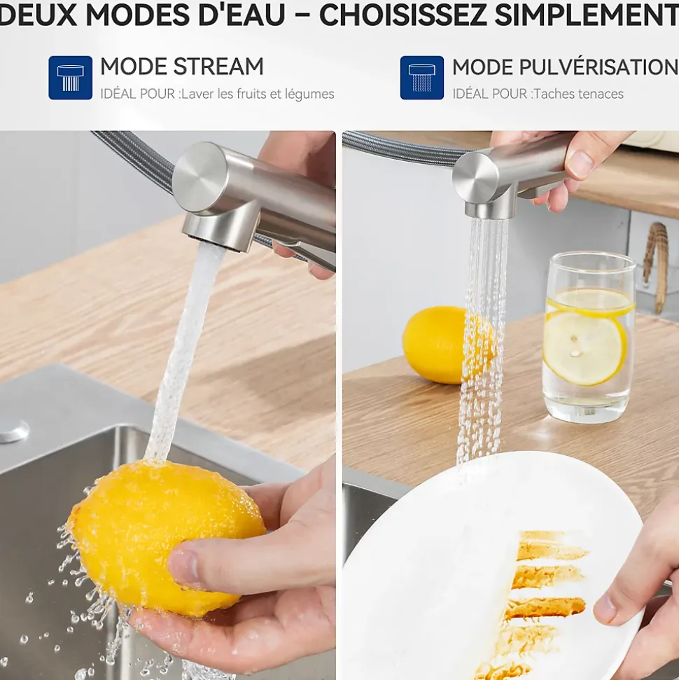 Robinet Cuisine avec Extensible, Mitigeur Cuisine avec Douchette, Melangeur avec Deux Types Jet d'eau