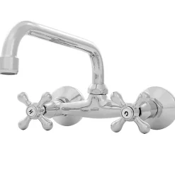 Robinet Cuisine Mitigeur Chrome Mural Bec Superieur Manettes Croisillons