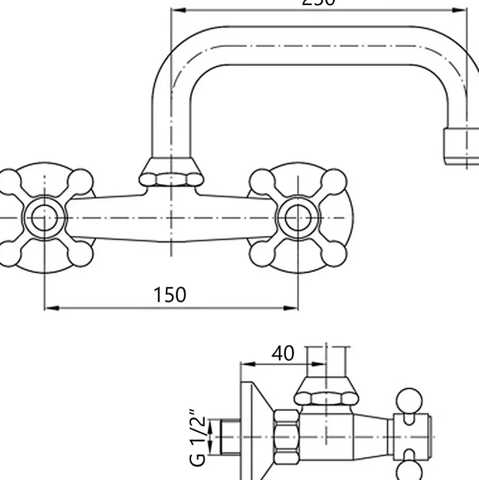 Robinet Cuisine Mitigeur Chrome Mural Bec Superieur Manettes Croisillons