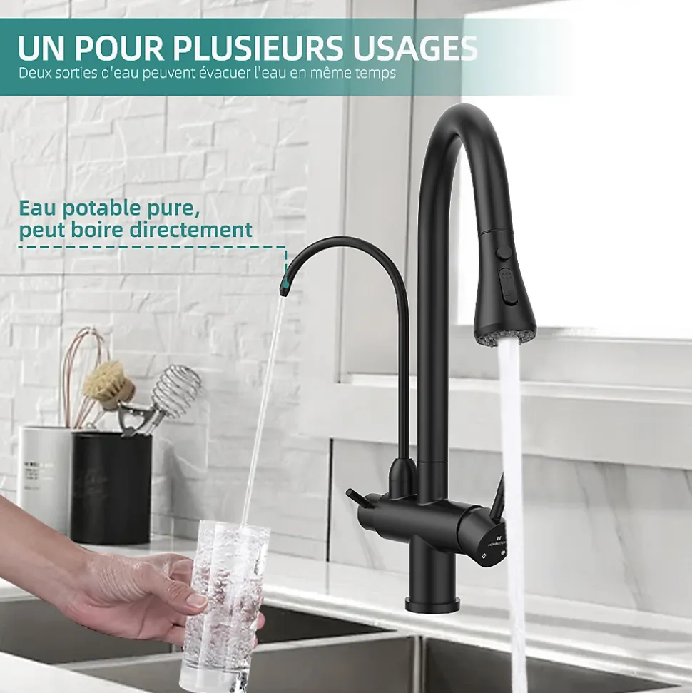 Robinet de Cuisine à 3 Voies Mitigeur de Cuisine Noir avec Douchette Extractible Mitigeur Evier Cuisine Eau Potable