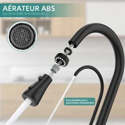 Robinet de Cuisine à 3 Voies Mitigeur de Cuisine Noir avec Douchette Extractible Mitigeur Evier Cuisine Eau Potable